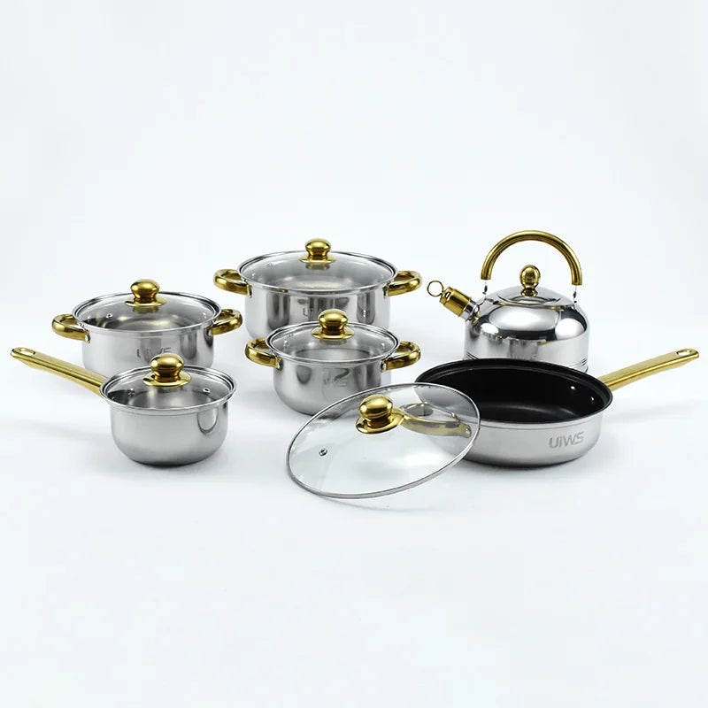 Low Price Non Stick Pots and Pans Stainless Steel 12pcs Cookware Set with Gold Handle