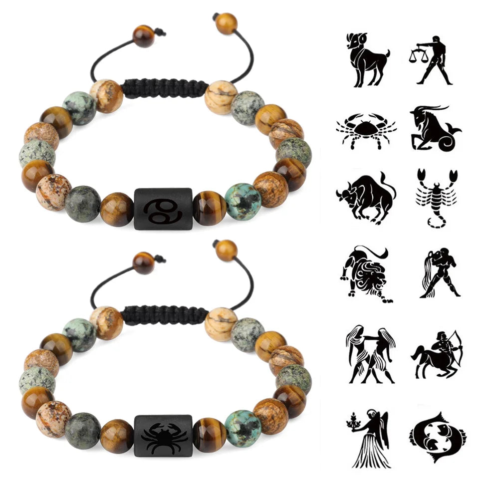 Natural Stone Braided 12 Zodiac Signs Agate Beads Macrame Friendship Bracelet for Women Men MegaBDM