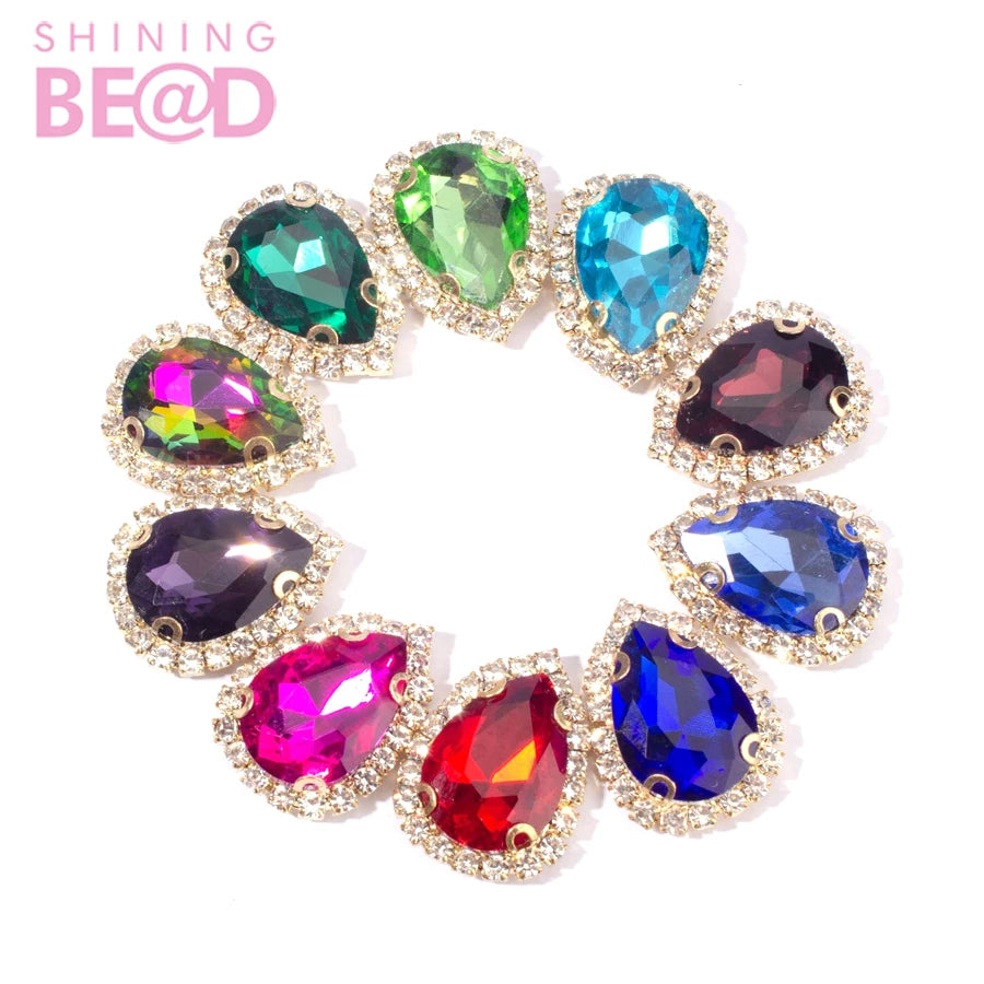 Claw Cup Teardrop Glass Rhinestones Strass  Crystals Around Trim Gold Base Sew on for Clothes Making Accessories