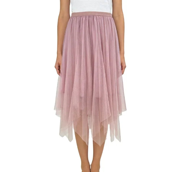 Pink Long Asymmetrical Sweet Midi Dress With Mesh Skirts Suitable for Parties