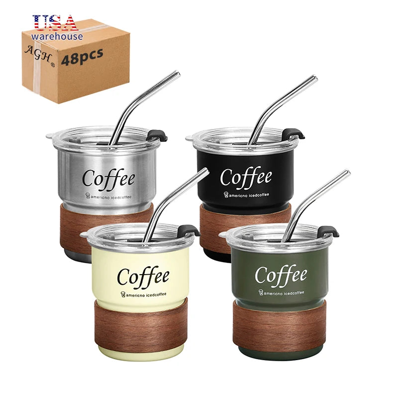 Free Shipping USA Warehouse RTS 48pcs 10oz 304 Stainless Steel Camping Cup Coffee Mug With Wooden Sleeve and Metal Straw