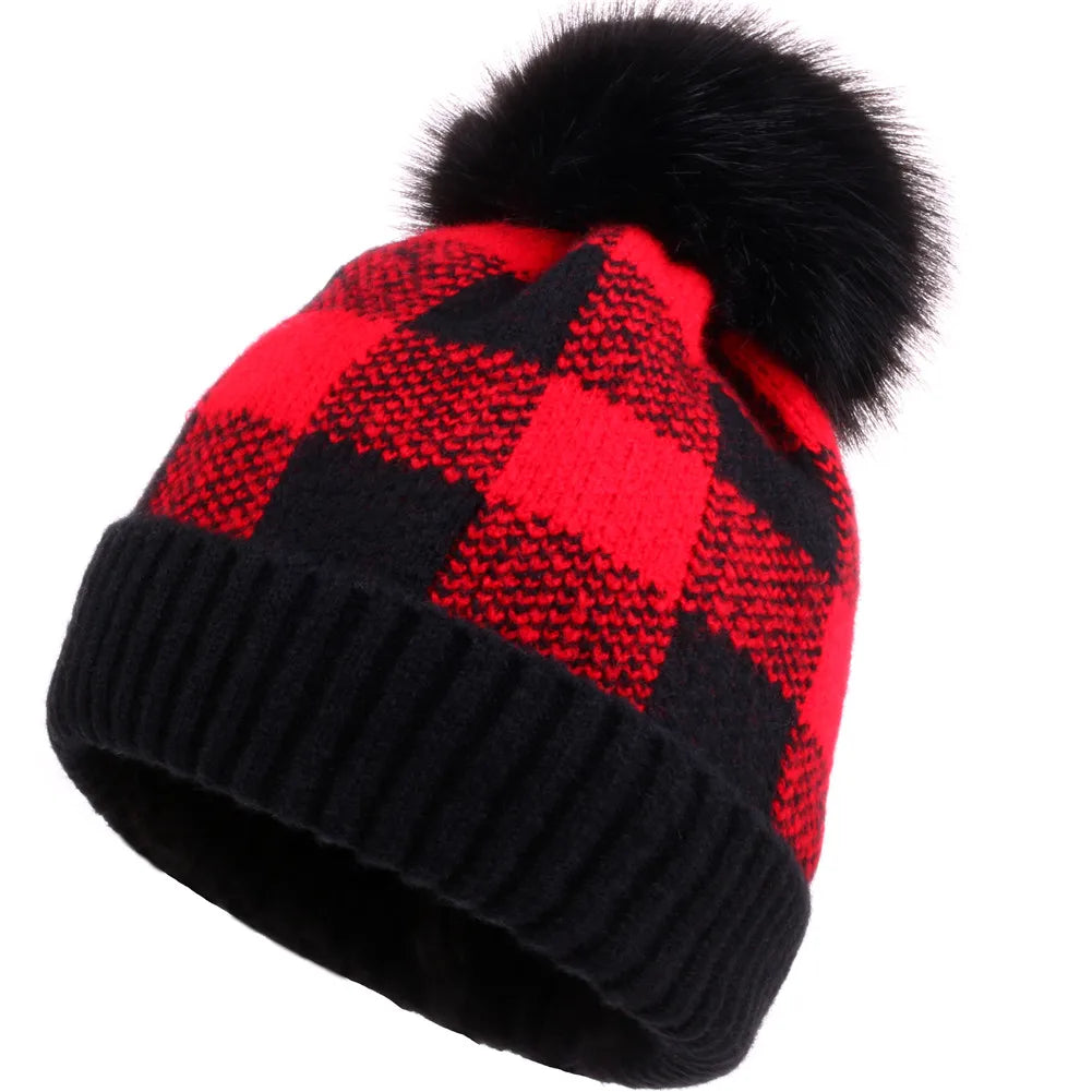 Women Knit Slouchy Beanie Hat With Faux Fur Pompom Buffalo Plaid Cuff Winter Soft Warm Ski Cap Winter Christmas Hats