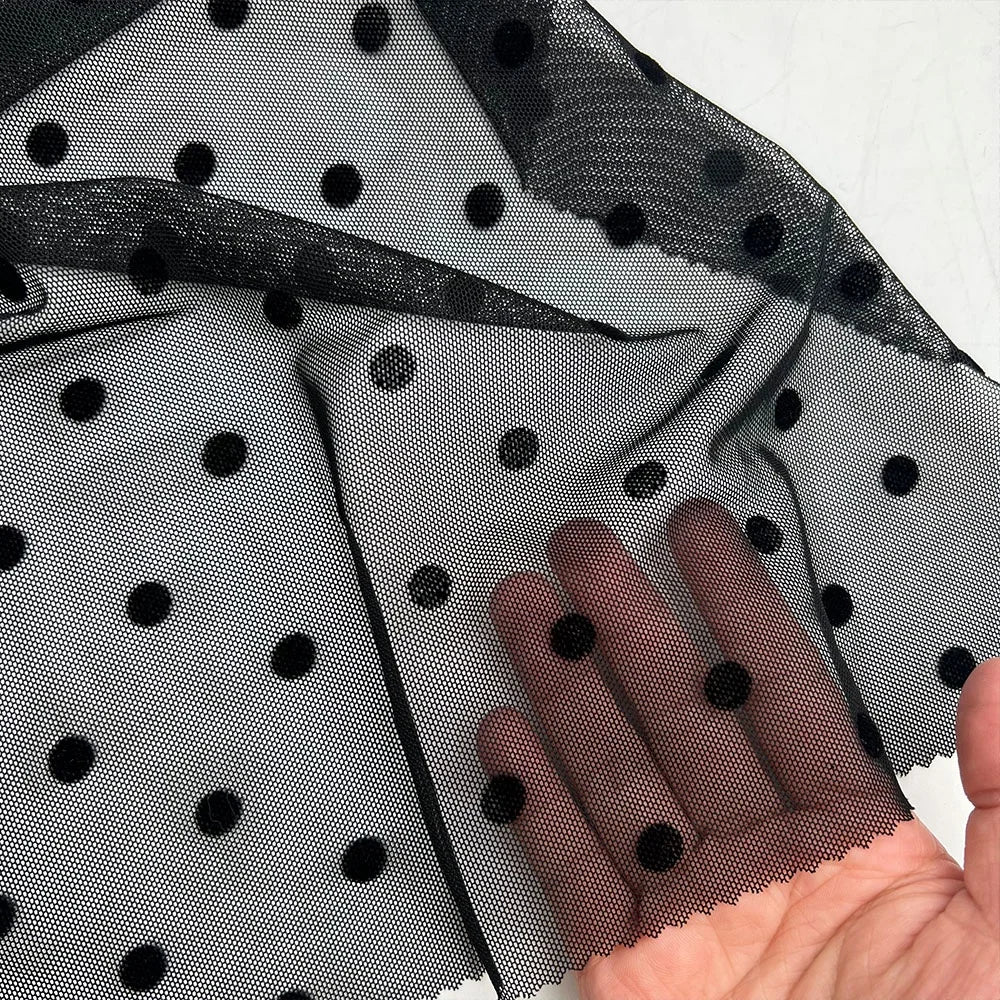 Eco-friendly Wholesale fancy stretch mesh fabric flock print polka dots wedding tulle velvet flocking lace fabric