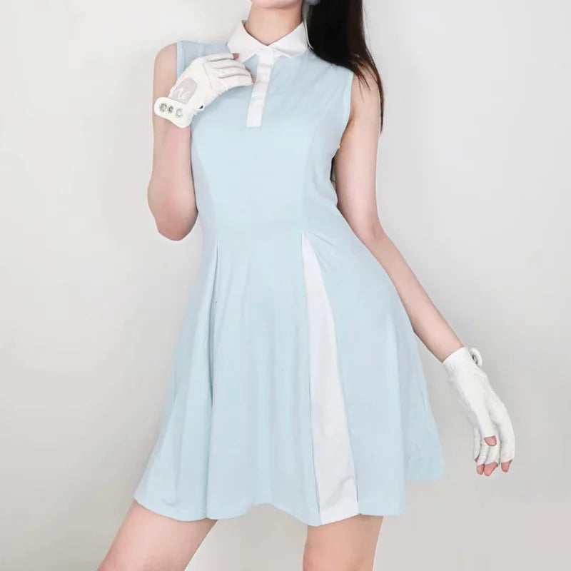 Luxurious Buttons Sleeveless Buttons Ladies Contrast Colors Tennis Dress With Shorts Flared Women Golf Polo Dress