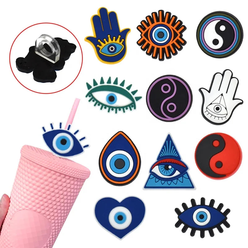 Glass Straw Charms Topper pink Blue Evil Eye Heart Glass Pvc Straw Cover Topper Charms