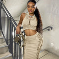 Spring Clothing Wear Casual Hollow Out Sleeveless Crop Top Long Skirt Two Piece Women Set