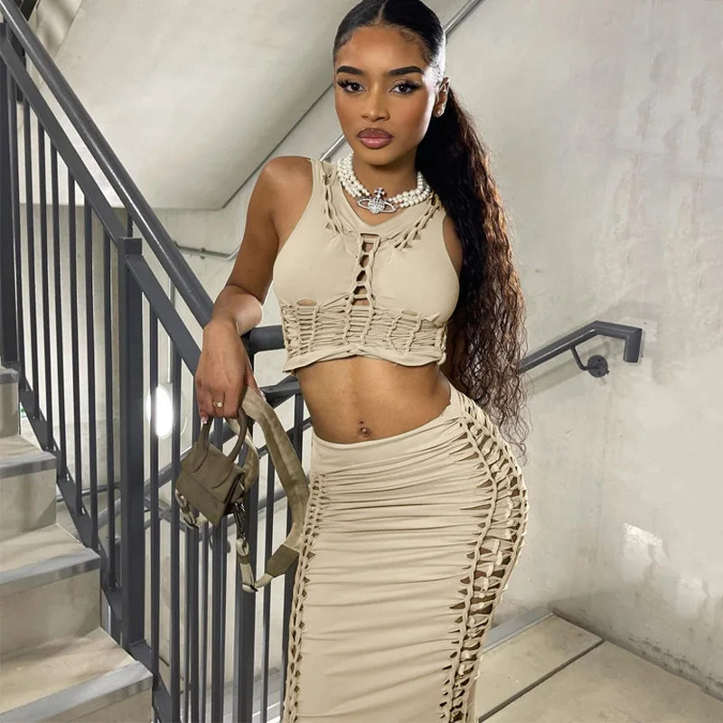 Spring Clothing Wear Casual Hollow Out Sleeveless Crop Top Long Skirt Two Piece Women Set