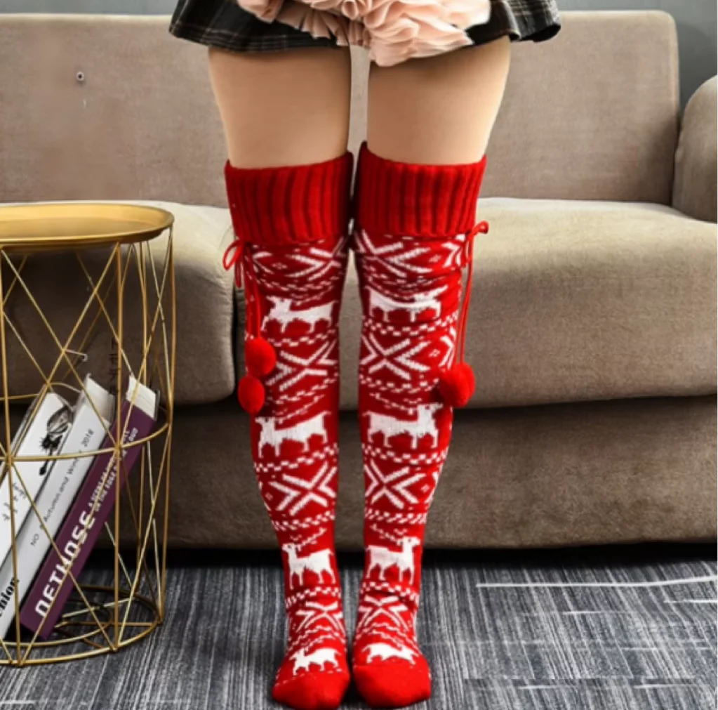 Wholesales Women's Christmas Cable Knit Thigh High Socks Winter Boot Stockings Long Over Knee High Socks with Pom-pom Leg Warmer