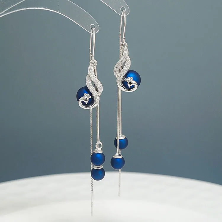 SC Chinese Vintage Red Blue Gemstone Dangle Earrings 925 Sterling Silver Earrings Antique Phoenix Tassel Earrings
