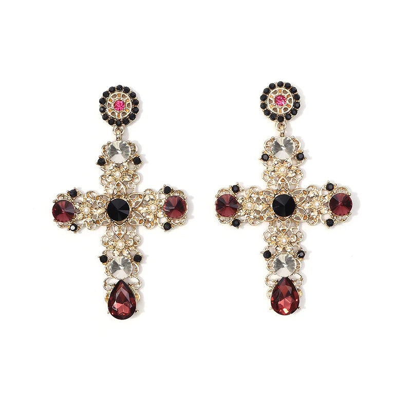 New Baroque Multi Color Crystal Rhinestone Cross Earrings for Women Hiphop Jewelry Wedding Accessories