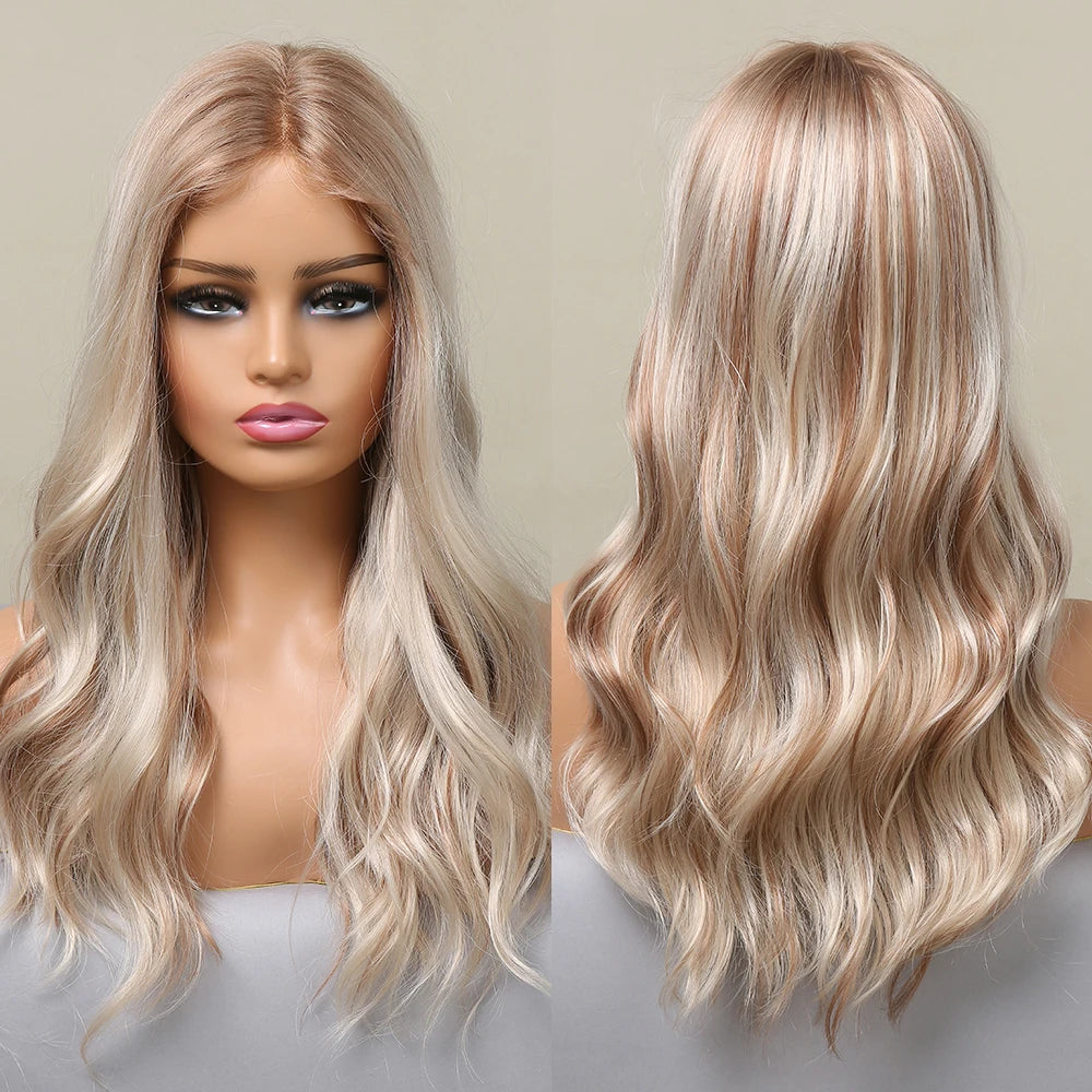 Fast Delivery Wavy White Mixed Blonde Brown Synthetic Lace Wigs Body Wave Mid-Length Highlight Ombre T-Part Lace Wig for Women