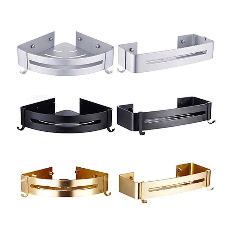 Wall Mounted Steel Corner Shower Caddy Shelf with Hooks Adhesive Bathroom Toilet Kitchen Storage Organizer No Drilling Required