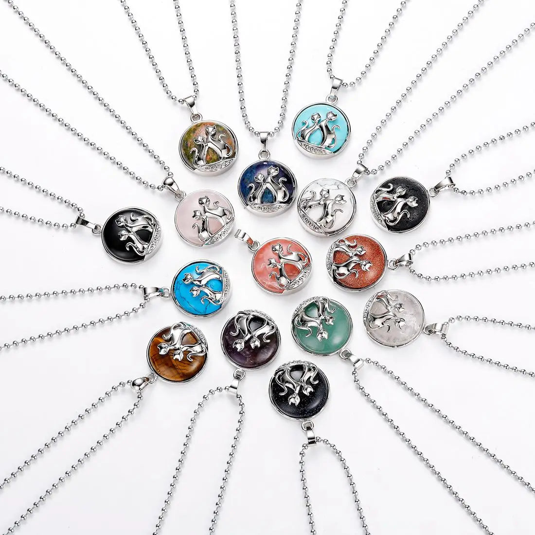 Round Healing Crystal Necklace Chakra Gemstone Amulet Lucky Cat Charm Meditation Reiki Stone Jewelry with Stainless Steel Chain