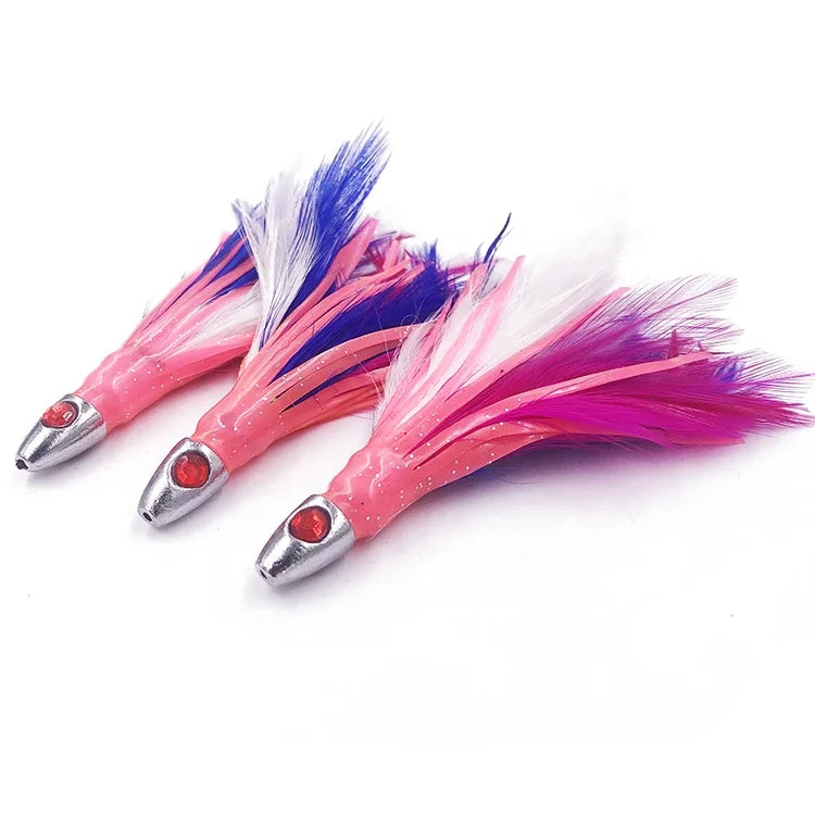 14g Lead Head with Feather and Octopus Skirt Gemstone Eyes Fishing Trolling Lure Equipment Tackle Accessories Trademill Lured