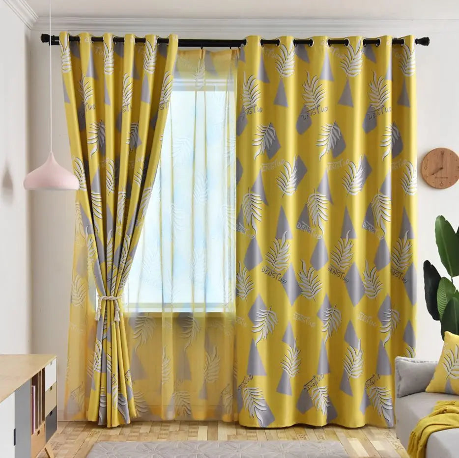 Ready Made Curtain Nordic Style Plant Leaf Pattern Blue Curtains Living Room Bedroom Blackout Curtains