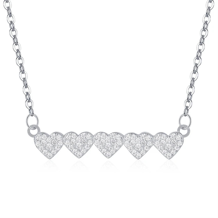 Stylish Women Jewelry 925 Sterling Silver Full Diamond Row Heart Pendant Bar Necklace
