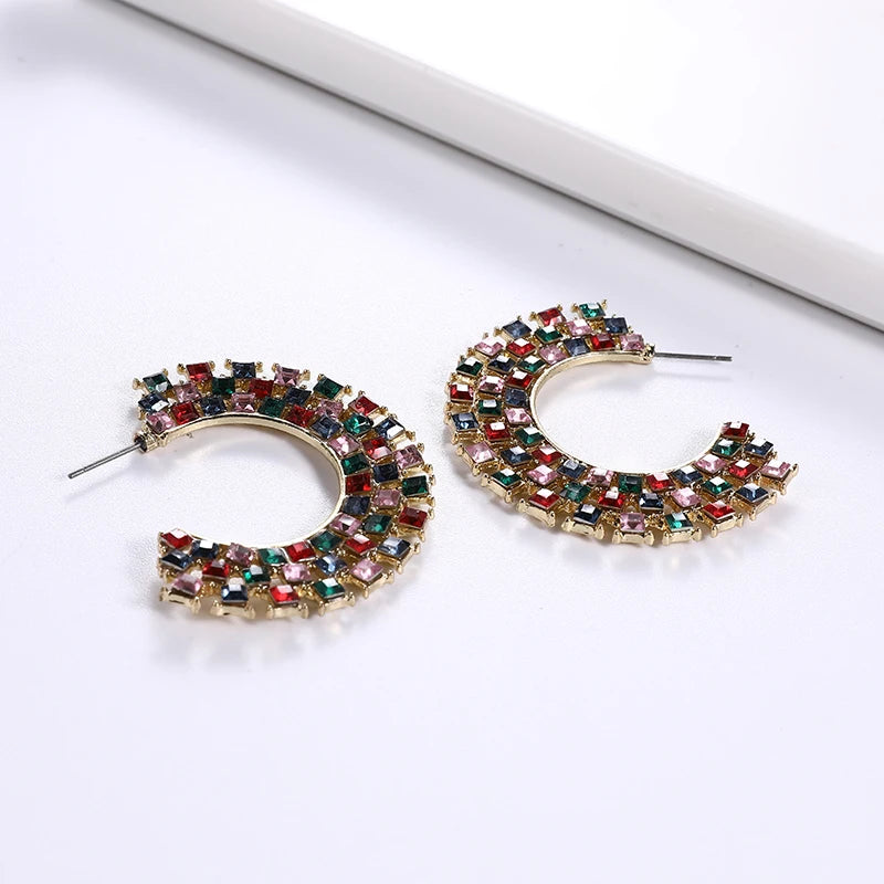 Statement Women Diamond Semicircle Earrings Colored Rhinestone C Shaped Square Earrings for Gift