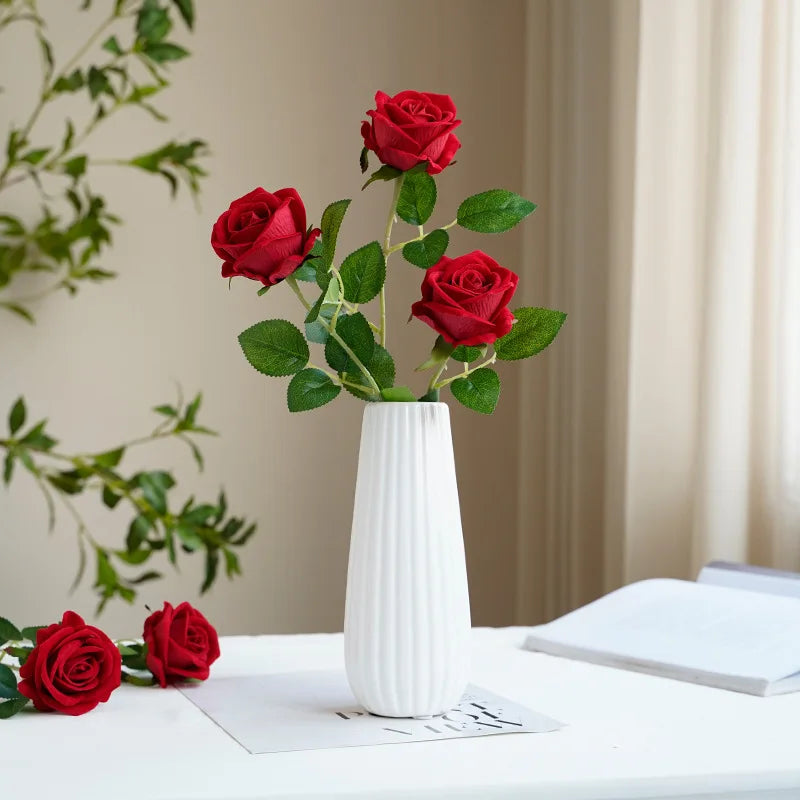 Handmade High Quality Artificial Flannel Rose Red and White Real Touch Decorative Flowers for Christmas Mother's Day Wholesale