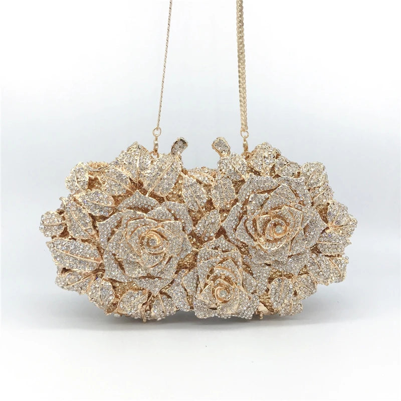 Fashion Bling Crystal Roses Rhinestone Luxury Evening Clutch Bag with Metal Chain for Women Wedding Party Small Capacity