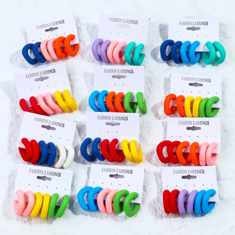 Hot Selling Fashion Jewelry Acrylic Hoop Earrings Geometry Designer Frosted Resin Korea Candy Color Best Friend Gift 3 Pairs/set