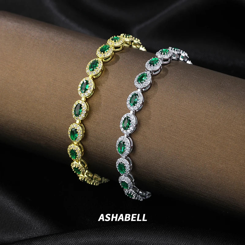 The New S925 Sterling Silver Bracelet Fashion High-end Oval Emerald Tennis Bracelet Hip Hop Neutral Style Bracelet