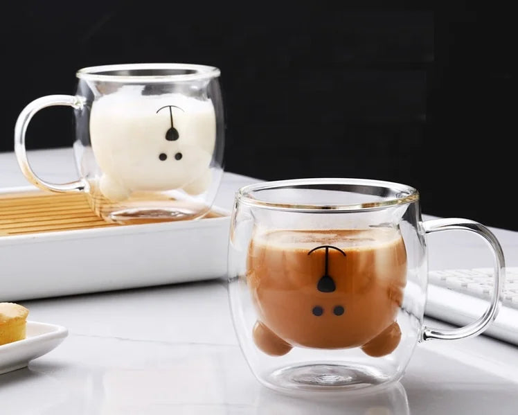250ml Pink/clear/green/amber Colored Cartoon Animal Bear Design Borosilicate Double Wall Glass Cup Coffee Mug with Handle