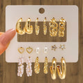 9Pcs/Set Fashion Gold Color Hollow Heart Star Pearl Earrings Set for Women Jewelry