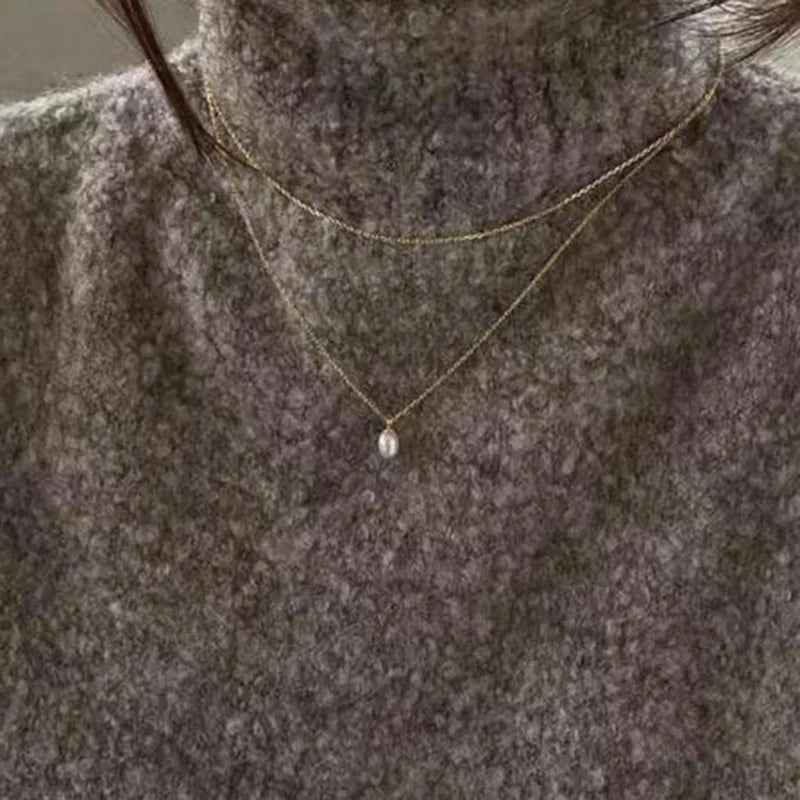 Joolim Jewelry 18K Gold Plated Fresh Water Pearl Pendant Double-layer Dainty Chain Necklace Stainless Steel Jewelry Wholesale