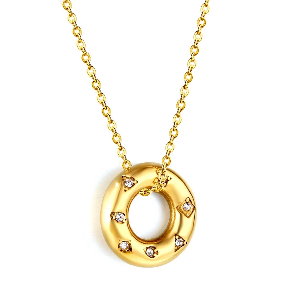 Fashion Jewelry Stainless Steel 18k Gold Plated Donut Circle Necklaces Hollow Round Cubic Zirconia Pendant Necklace for Women