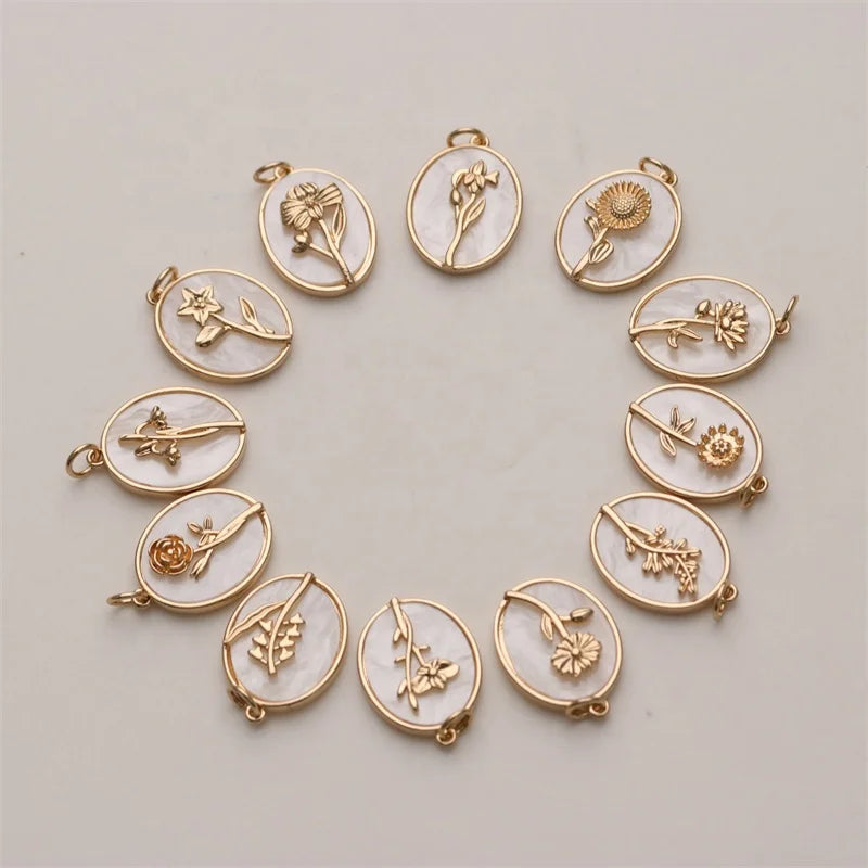 Vintage Birth Flower Oval Female Shell Charm 18K Gold Plated TY Brand December Birthstone Pendant Necklace