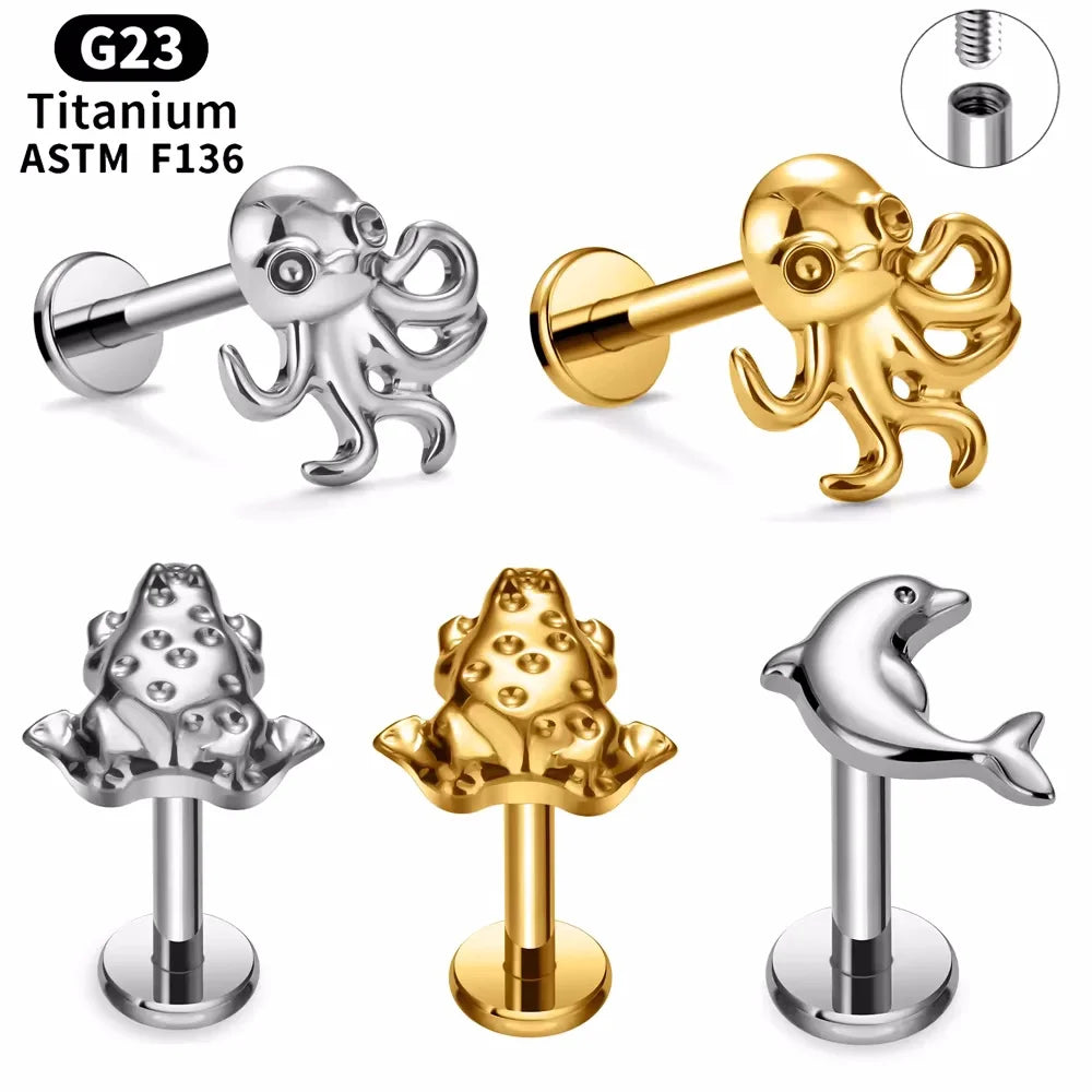 G23 Titanium 16G Tragus Helix Daith Cartilage Labret Ear Stud Earrings Internal Thread Frog Squid Design Jewelry for Children