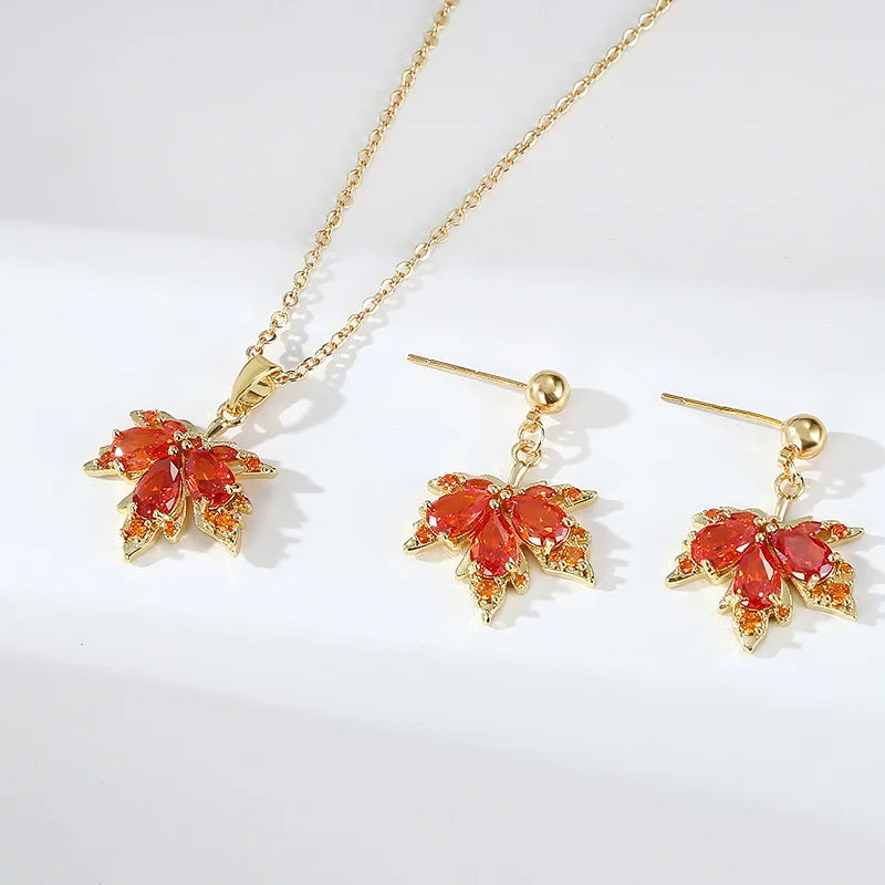 Fashionable New Brass Zircon Pendant Necklace Red Maple Leaf Collarbone Chain Versatile Leaf Jewelry Earring Set