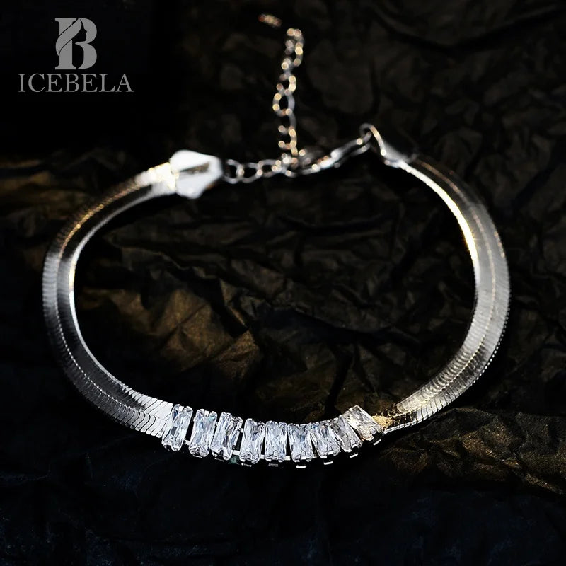 ICEBELA Jewelry S925 Sterling Silver Zircon Bracelet French Light Luxury Square Diamond Snake Bone Chain Bracelet