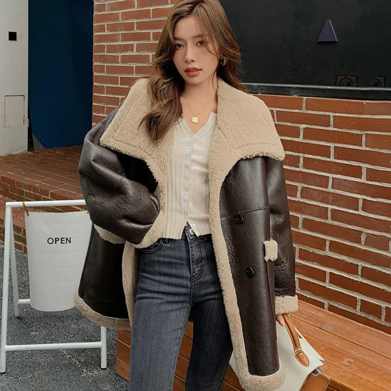 Casual New Coming Women Fur Leather Jacket Ladies Shearling Long Jackets Coat