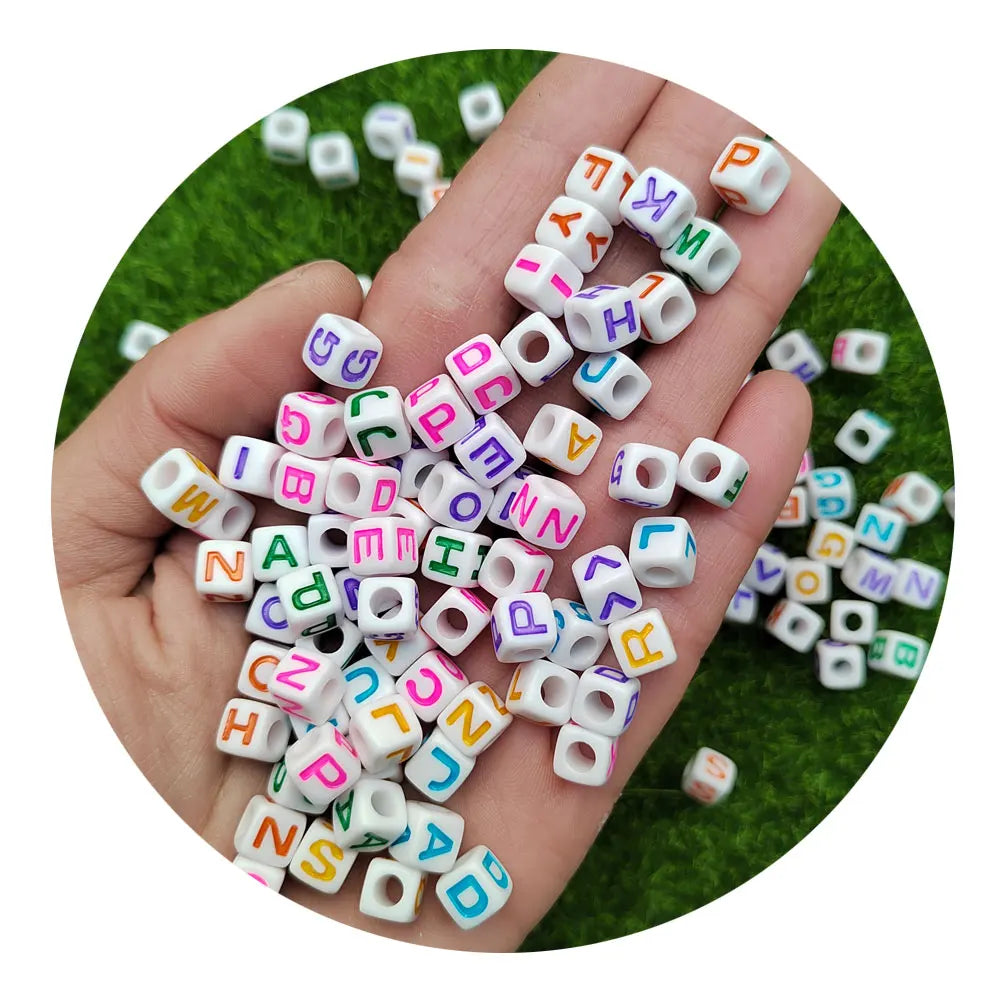 6mm and 7mm Acrylic Beads Colorful Letters Square Alphabet White Cube Loose Spacer Beads for Jewelry Making Handmade Diy Crafts