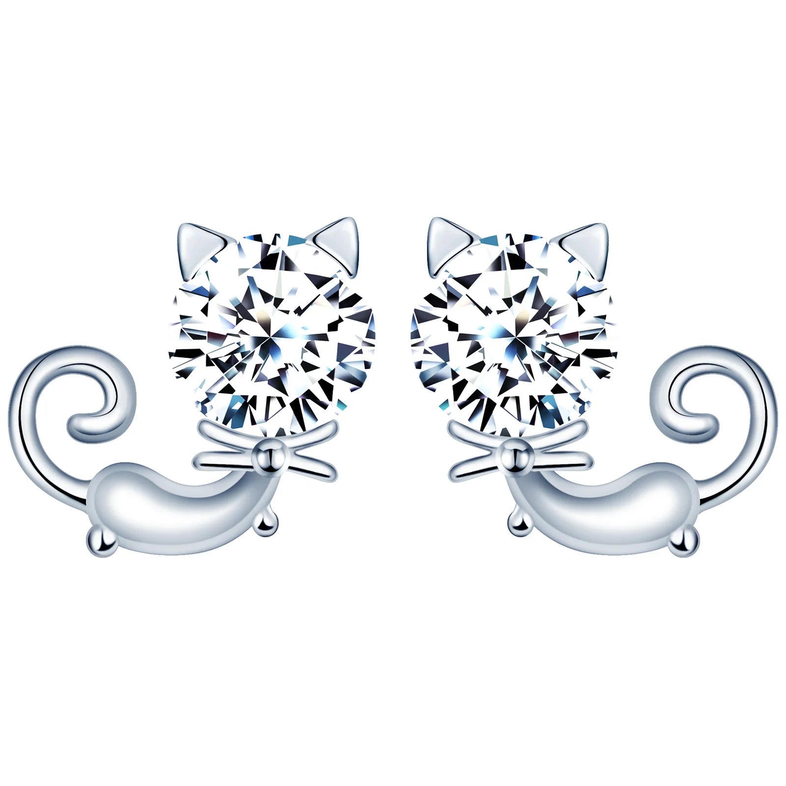 925 Sterling Silver Cat Stud Earrings with Full Cubic Zircon Fashionable Jewelry Gift for Women for Parties