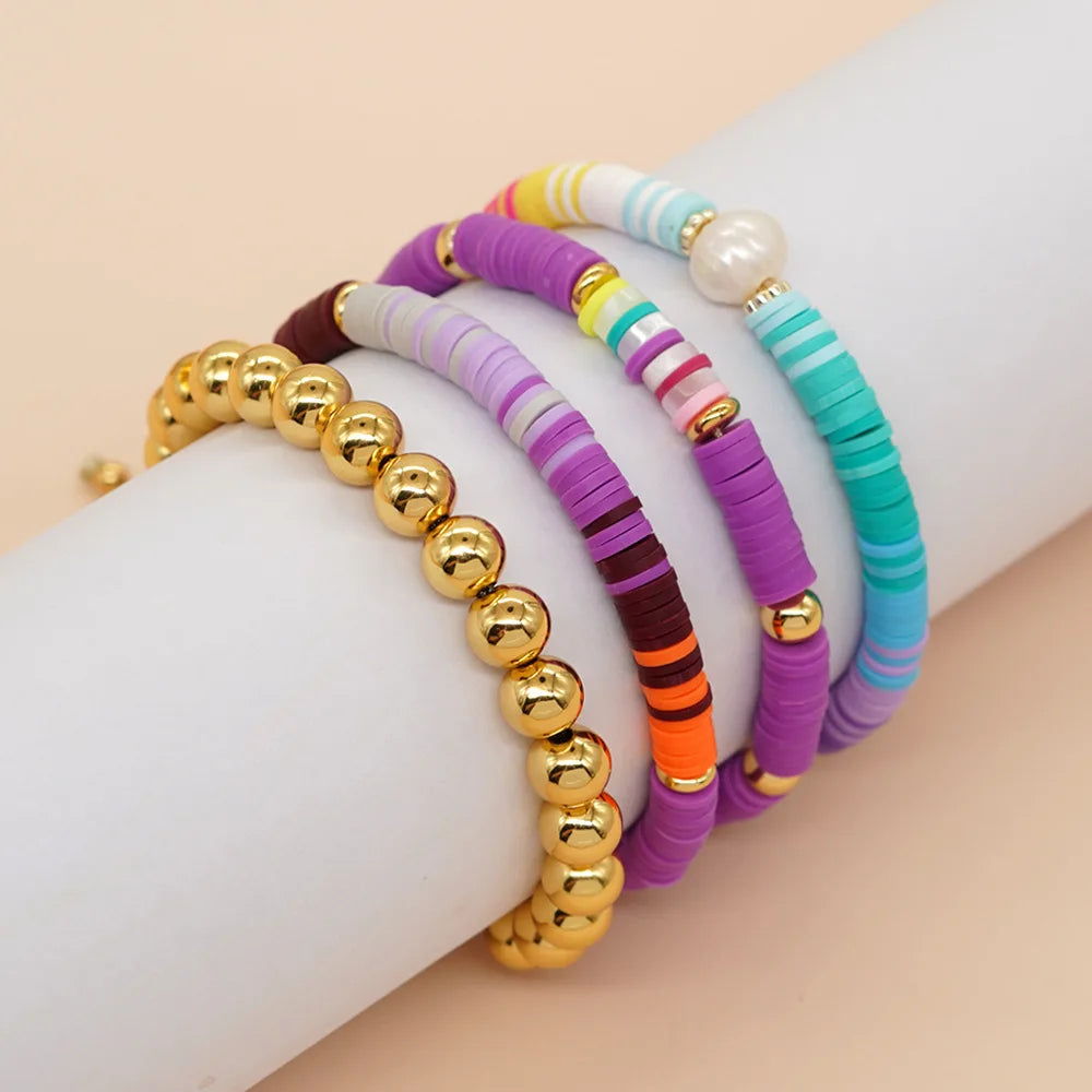 Go2boho Women's Colorful Gold-Plated Heishi Beaded Bracelet Handmade Bohemian Summer Pearl Bracelet Set for Gifts