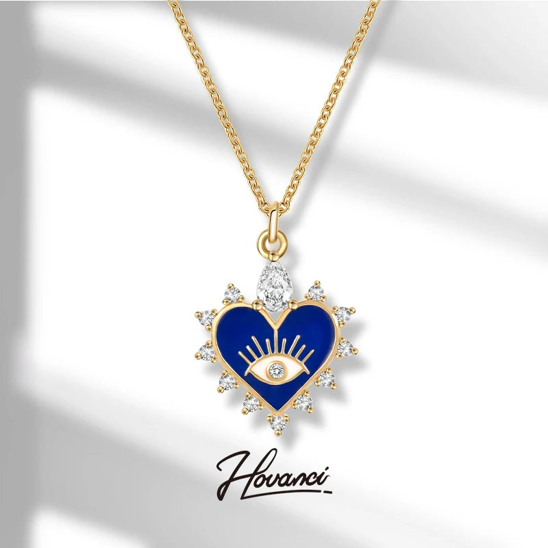 HOVANCI European Personality Stainless Steel Blue Enamel Geometric Round Evil Eyes Heart Shaped Crown Pendant Necklaces