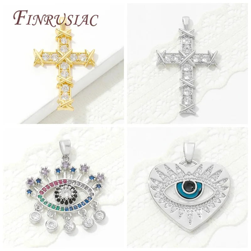 18K Gold Plated Jesus Cross and Evil Eye Charms Pendants DIY Jewelry Making Supplies with Zircon for Necklace Accessories