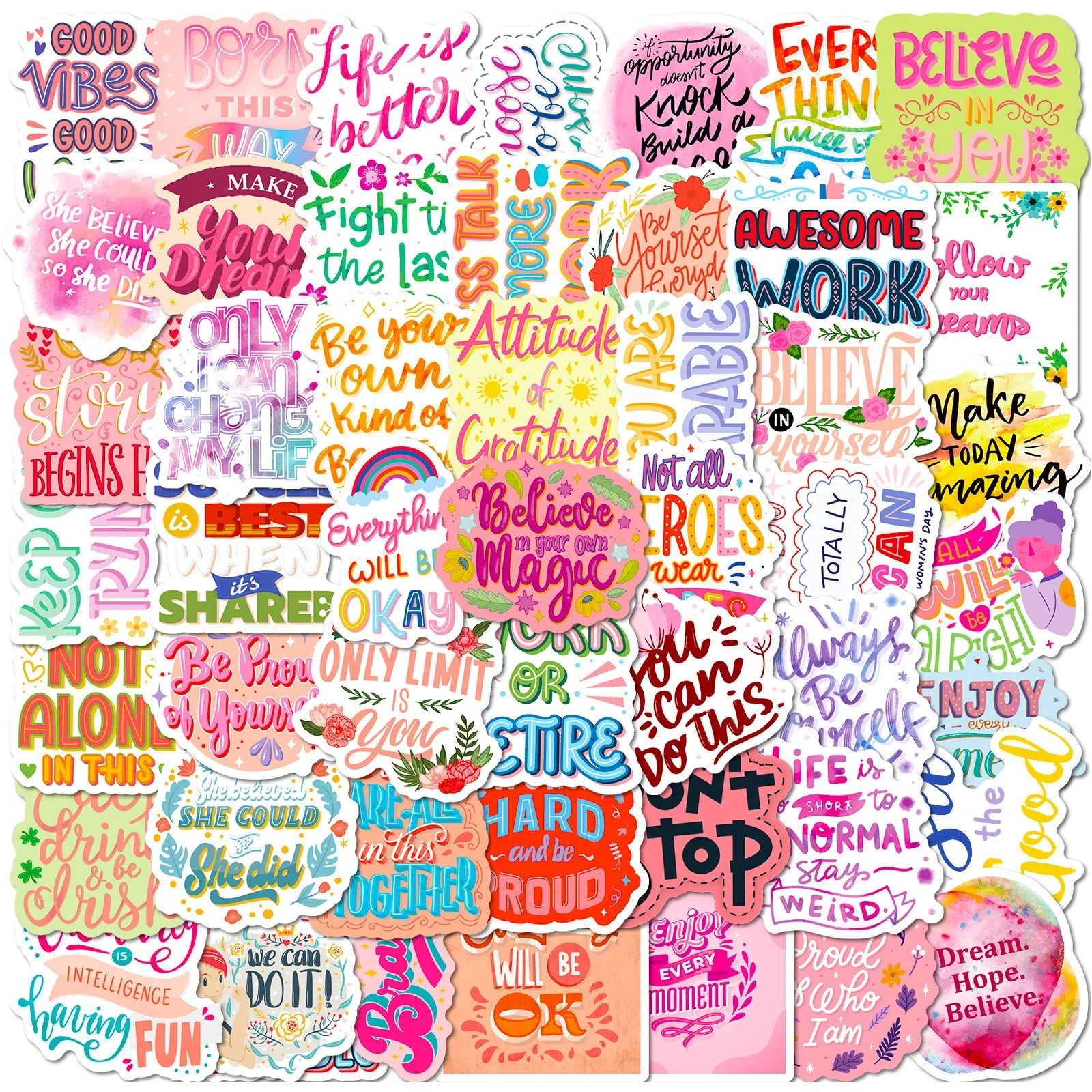 50Pcs Colorful Pink VSCO Inspirational Text Graffiti Stickers for Girl Laptop Bottle Vinyl Positive Slogan Word Sticker