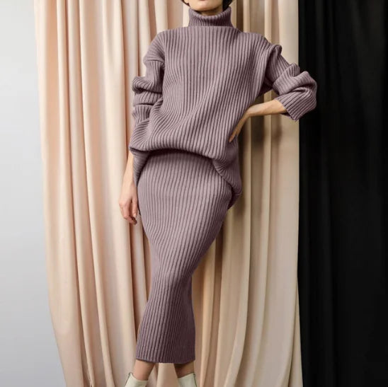 One Size Pit Stripe Skirt High Neck Sweater Set for Women Loose Fitting Warm Pullover Sweater Two-piece Set