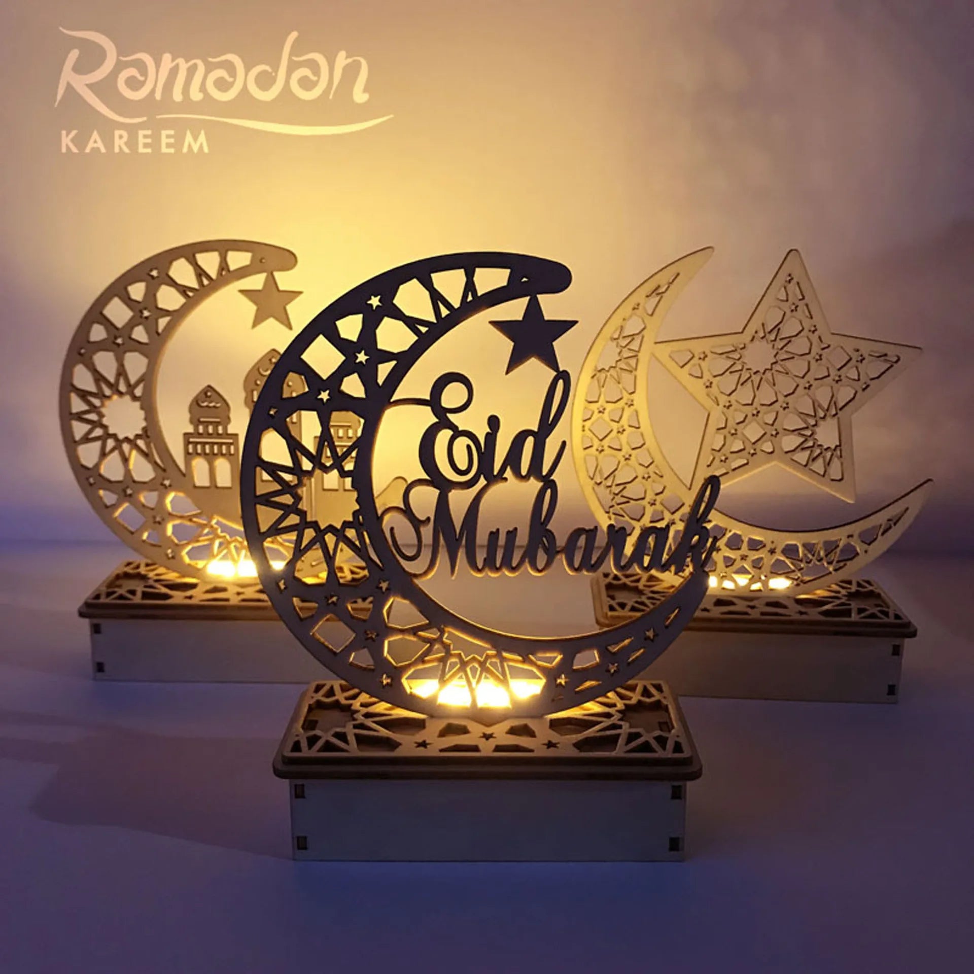 Eid Mubarak Decorations Wooden LED Lights Moon Star Lanterns Table Top Ornaments for Ramadan & Diwali Islamic Gift Idea