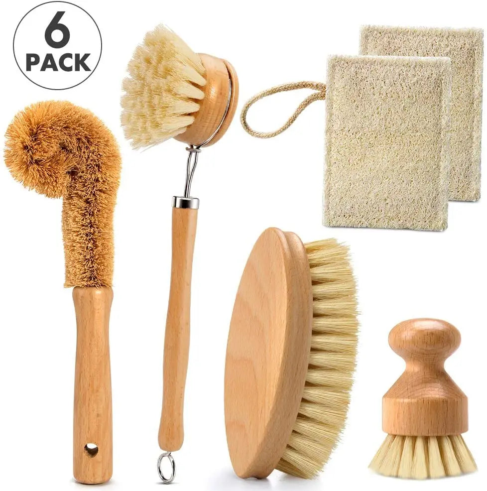 Natural Coconut Sisal Palm Fiber Compostable Bamboo Wood Kitchen Dish Brush Set Dish Cleaning Brush Pot Kitchen Scrub Brush Set