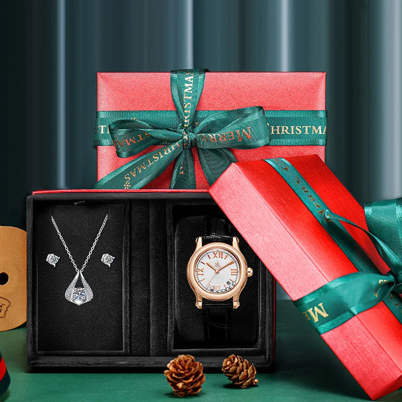 Fashionable High-end Ribbon Bow Father's Day Jewelry Necklace Watch Earring Gift Box Suitable for Christmas