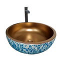 Jingdezhen Blue and Copper Color Porcelain Contemporary Countertop Bathroom Sink Art Ceramic Carved Wash Basin with 12L Capacity