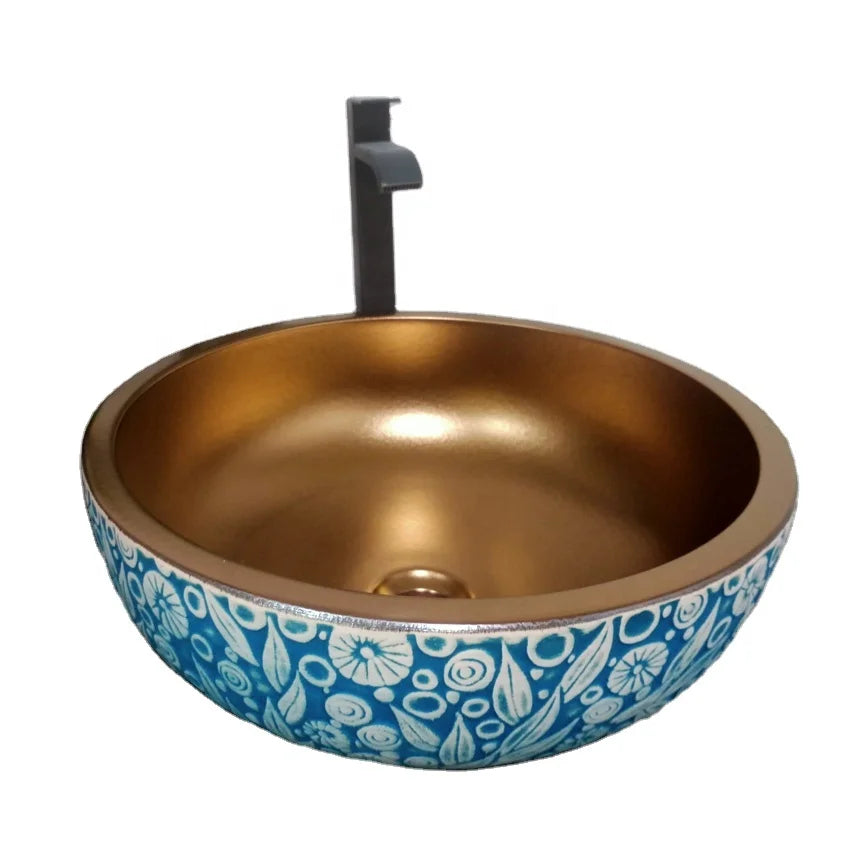 Jingdezhen Blue and Copper Color Porcelain Contemporary Countertop Bathroom Sink Art Ceramic Carved Wash Basin with 12L Capacity