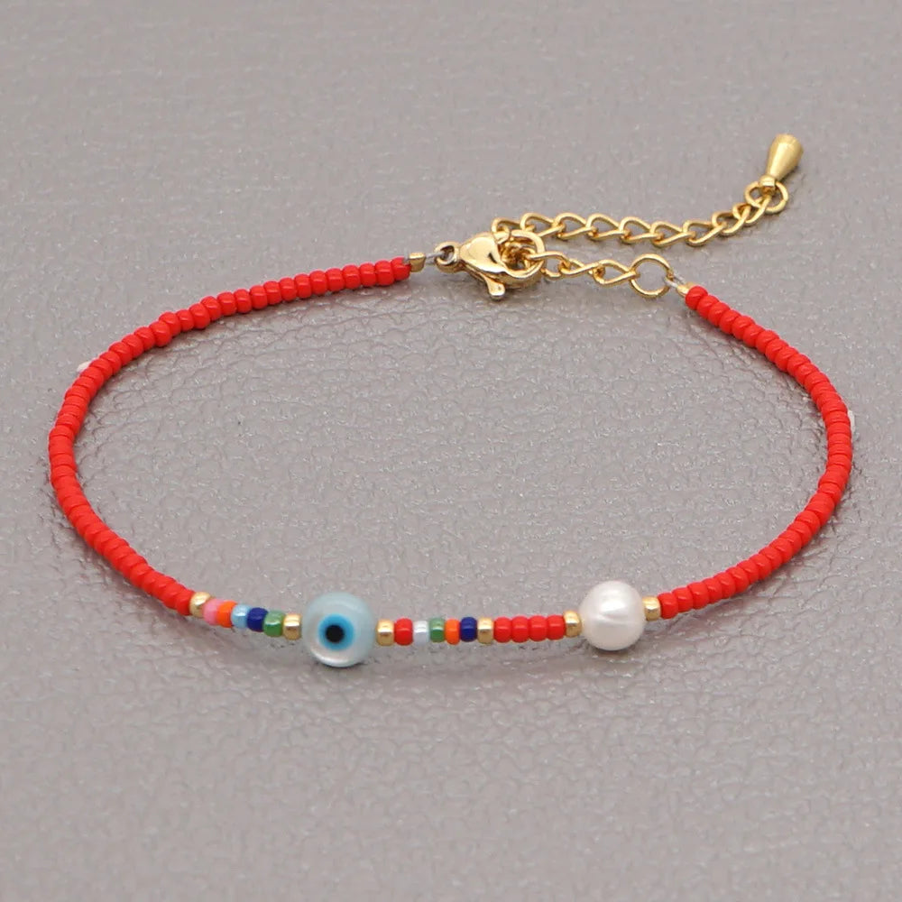 Hot Selling Japanese Miyuki Rocailles Seed Beaded Jewelry Minimalist Shell Evil Eye Natural Pearl Tiny Adjustable Bracelet Gifts
