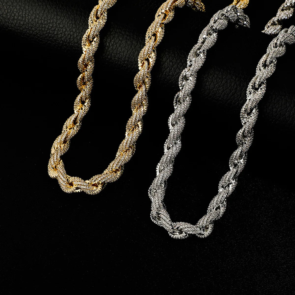 Men's Hip Hop Alloy Diamond 10mm Gold Silver Twist Necklace New Fashion Chains with Multiple Specifications