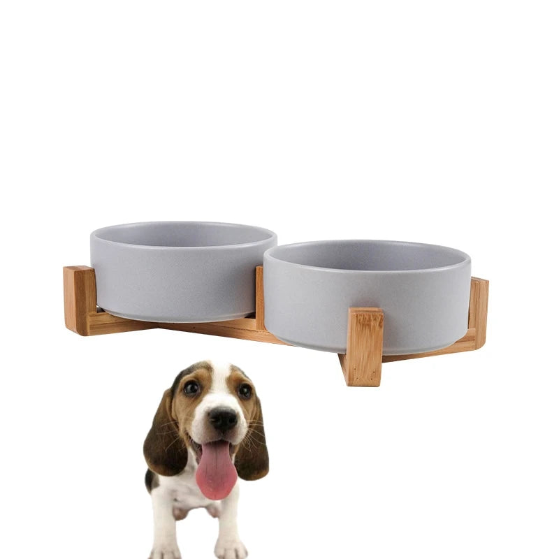 Factory Selling Durable Pet Water Food Bowls Easy Cleaning Double Matte Bowls With Wooden Stand for Cat Dog Cat