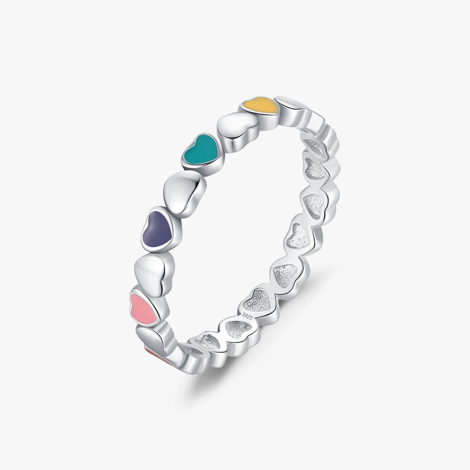 925 Sterling Silver Daily Accessories Multi-Color Enamel Hearts Finger Ring Simple Stacking Trendy Original Jewelry for Women
